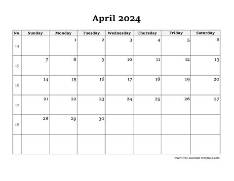 Simple April Calendar 2024 Large Box On Each Day For Notes Free