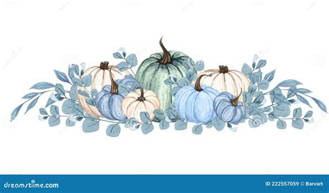 Watercolor Blue Pumpkin Composition Floral Pumpkins Halloween Clip