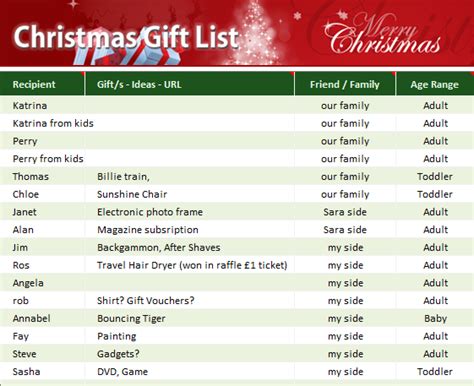 christmas gift list  excel templates