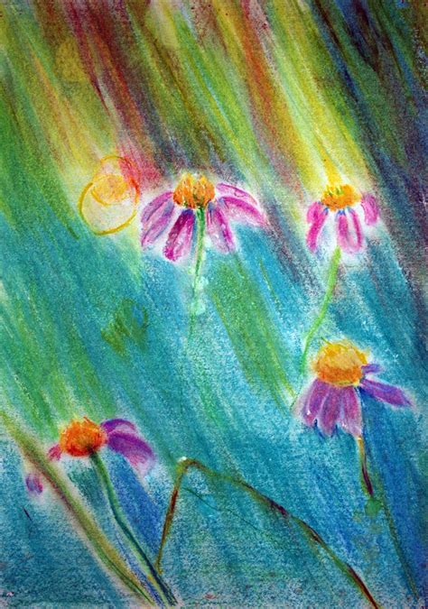 Pastel Drawing Of Pink Daisies In The Rain With Green Grass And Blue Sky