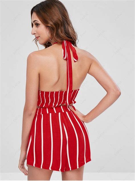 32 Off 2020 Striped Backless Halter Shorts Set In Red Zaful