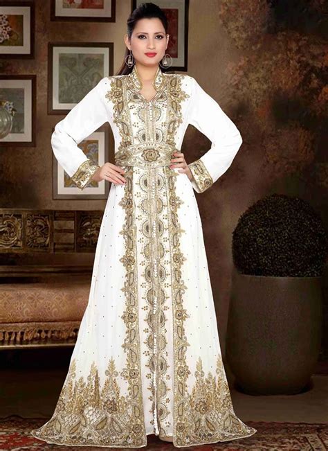 Moroccan Caftan With Golden Work White Color Georgette Fabric Handmade Golden Embroidered