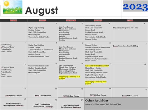 Nsts 2023 August Activities Calendar Next Step To Success