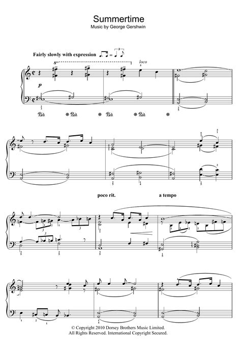 Summertime Sheet Music George Gershwin Easy Piano