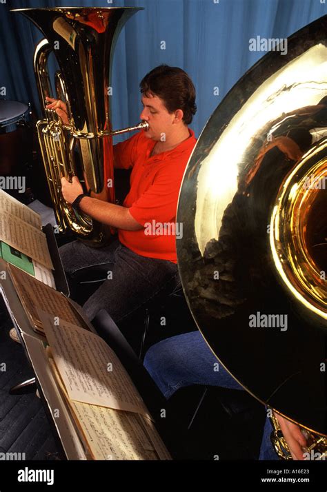 High School Band Tuba Players In Concert Stock Photo Alamy
