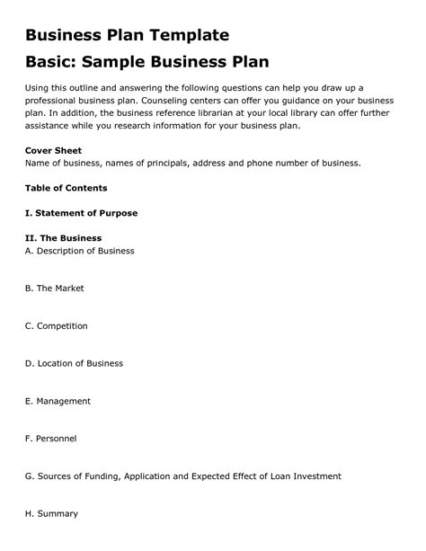 Free Printable Business Plan Template Form Generic