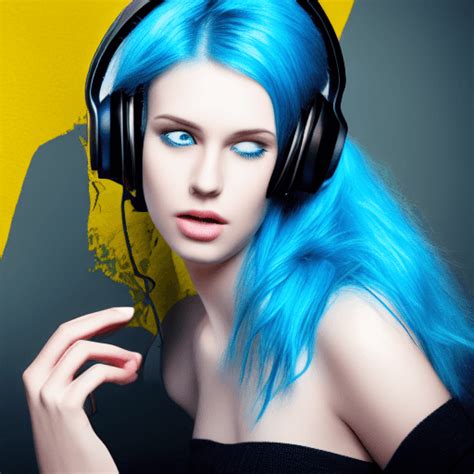 Beautiful Sexy Super Model With Blue Hair And Yellow Eyes Listening To Music With Giant High