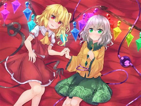 Safebooru 2girls Ascot Bangs Bed Sheet Blonde Hair Blush Bow Commentary Request Crystal