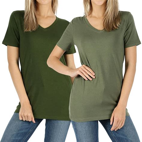 thelovely women and plus size cotton v neck short sleeve casual basic tee shirts 2pk army