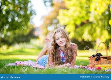 Beautiful Girl Having A Picnic In Park Stock Image Image Of Fruits Barefeet 39757289