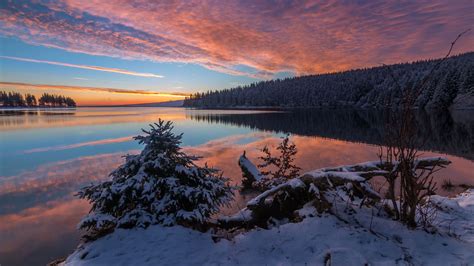 Lake Snow Evening Sunset 5k Imac Wallpaper Download Allmacwallpaper