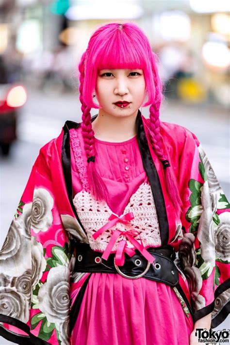 Pink And Black Street Style In Harajuku W Pink Twin Braids Floral Kimono Yosuke Boots And Satchel