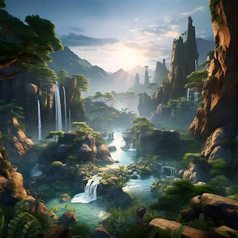 Premium Ai Image Majestic Magical Fantasy Forest With Mountains River