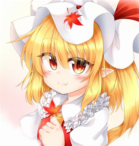 Safebooru 1girl Ascot Autumn Leaves Blonde Hair Blush Closed Mouth Fang Fang Out Flandre