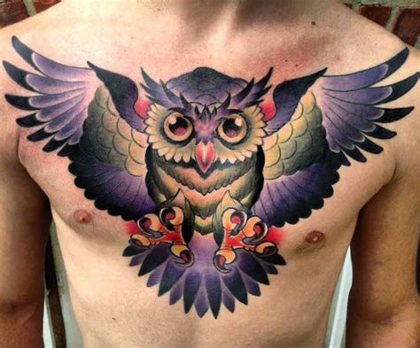 Illustrative Style Colored Whole Chest Tattoo Of Big Owl Tattooimages Biz