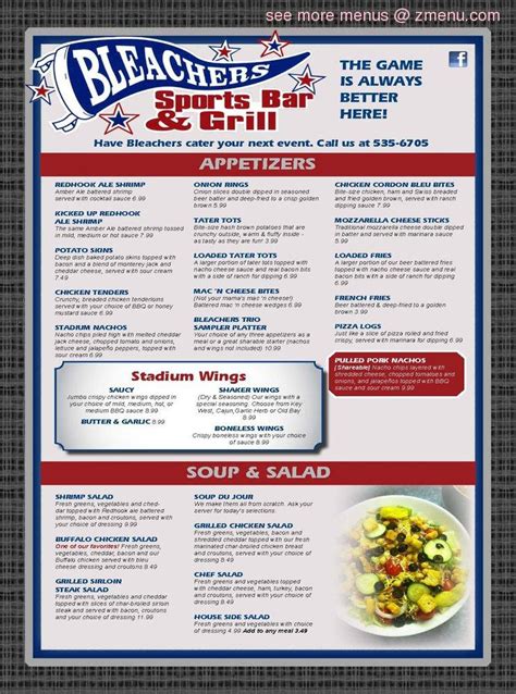 Use this menu information as a guideline, but please be aware that over time, prices and menu items may change without being reported to our site. Online Menu of Bleachers Sports Bar & Grill Restaurant ...