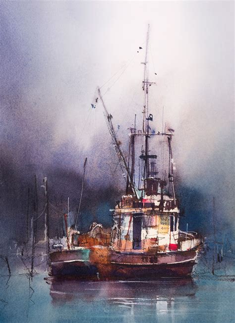 Watercolor Painting Of Moored Fishing Boat Showing Contrasting Brush