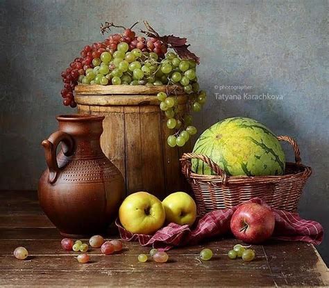 A Painting Of Grapes Apples And Watermelon In A Basket On A Table