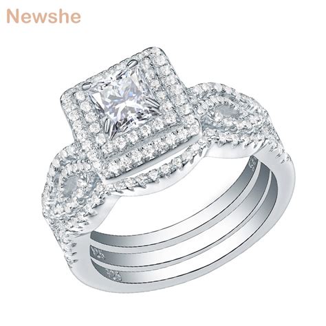 Newshe 3pcs Wedding Rings For Women Trendy Jewelry 24 Ct Princess Cut