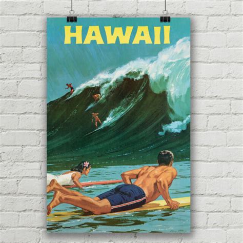 Hawaii Travel Poster Canvas Art Print Vintage Surfing Wall Decor Ebay