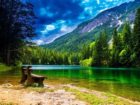 Wonderful Mountain Landscape With Green Pine Forest Green Turquoise ...