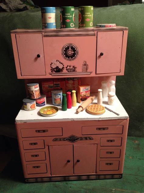 This vintage toy stove is the cutest. Vintage Pink Metal Tin Litho Toy Doll Kitchen WOLVERINE ...