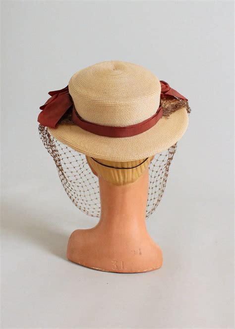 vintage 1940s straw boater hat with bows and face veil raleigh vintage