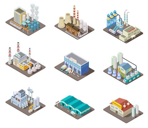 Isometric Factory Set 3d Industrial Buildings Power Plant And