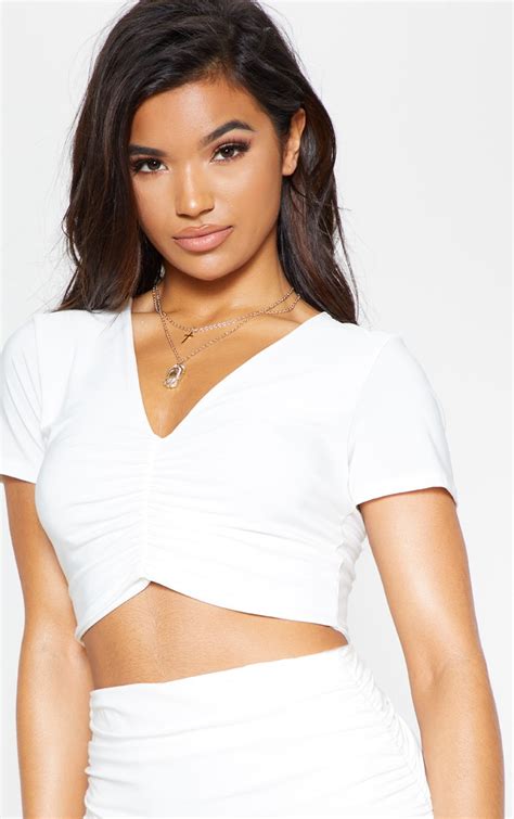 Cream Slinky V Neck Ruched Front Crop Top Prettylittlething Usa