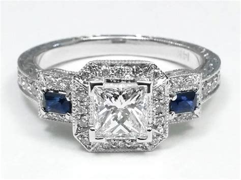 Princess Cut Diamond Halo Engagement Ring Blue Sapphire