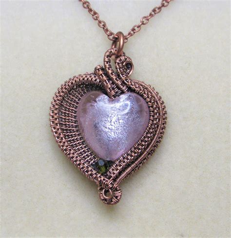 Pendant Copper Heart Pendant Wire Wrapped Pink Foiled Glass Heart