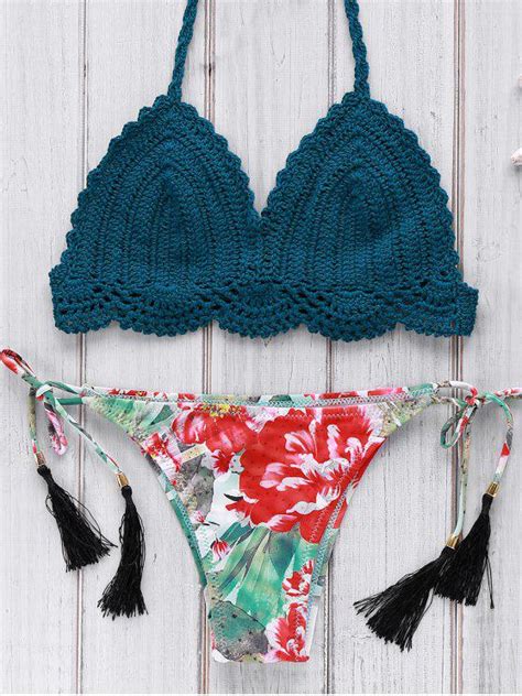 crocheted halter printed bikini set blue bikinis m zaful