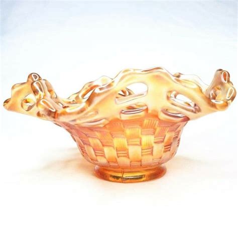 Fenton Accents Fenton Carnival Glass Basket Weave Marigold Bowl Open Lace Edge Vintage 55