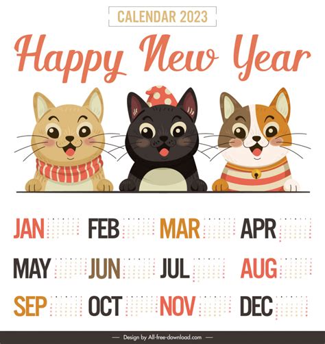 Calendar 2023 Template Cute Cartoon Kitties Sketch Vectors Images
