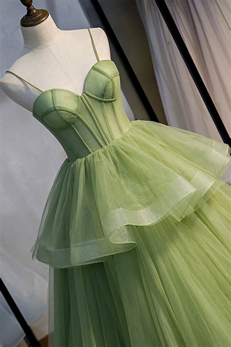 Hand Made Sage Green Tulle Prom Dressspaghetti Straps A Line Etsy