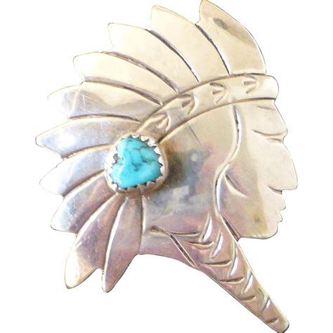 Vintage Sterling Silver Turquoise Native American Man Pendant Brooch