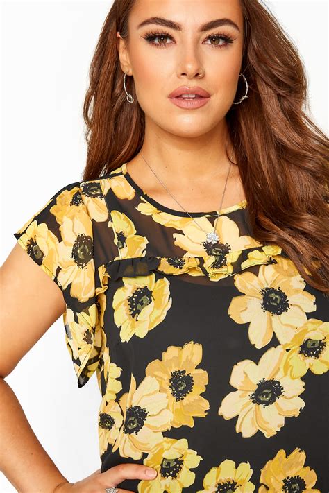 Black And Yellow Floral Frill Chiffon Blouse Yours Clothing