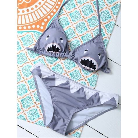 Halter Cartoon Shark Print Bikini Set 13 Liked On Polyvore Featuring