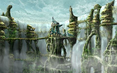 Wallpaper Landscape Waterfall Fantasy Art City Artwork Bridge