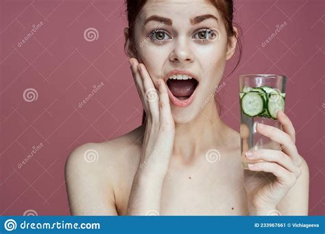 Pretty Woman With Cucumber Drink Vitamins Health Beauty Stock Image
