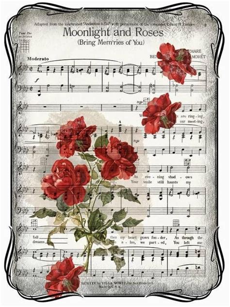 Vintage Red Rose Sheet Music Graphic Image Art Fabric Block Etsy