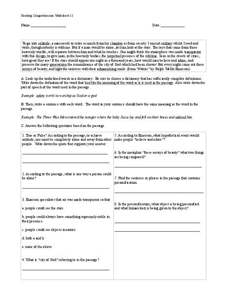 Reading Comprehension Worksheet Worksheet For 9th 12th Grade Lesson