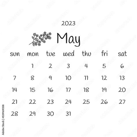 2023 May Calendar With Flowering Twig Black And White Modern Calendar