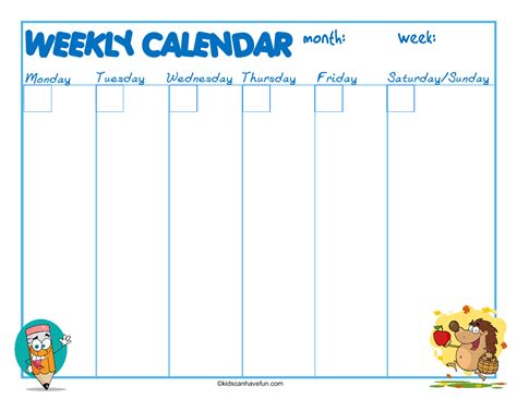 Printable Weekly Calendar For Kids Calendar Templates