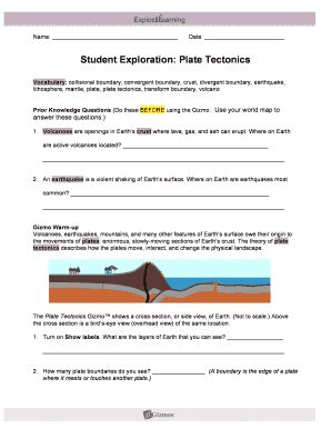 The lithosphere is divided into plates, some of which are very large and can be entire continents. Student Exploration Plate Tectonics - Fill Online, Printable, Fillable, Blank | PDFfiller