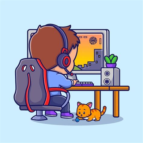 Premium Vector Cute Boy Gamer Playing Game On Computer Cartoon Vector