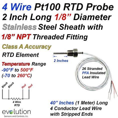 4 Wire Pt100 Rtd Probe With 18 Npt Fitting 2 Inch Long 18 Diameter