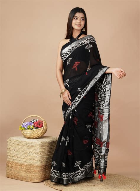 shivanya handicrafts women s linen hand block printed saree with blouse piece cl 044 at rs 650