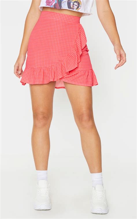 Pink Gingham Frill Hem Wrap Mini Skirt Prettylittlething Aus