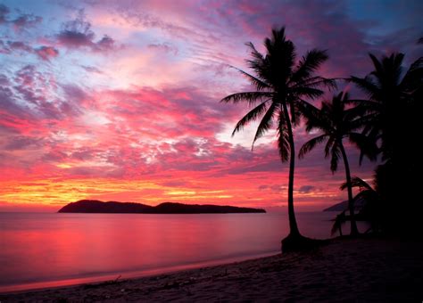 Download 1920x1080 Malaysia Sunset Beach Palms Island Red Sky Clouds Wallpapers For